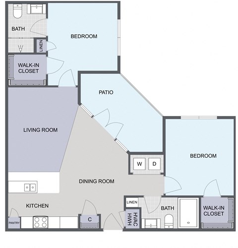 Floor plan for 2 beds, 2 baths, 990 sqft